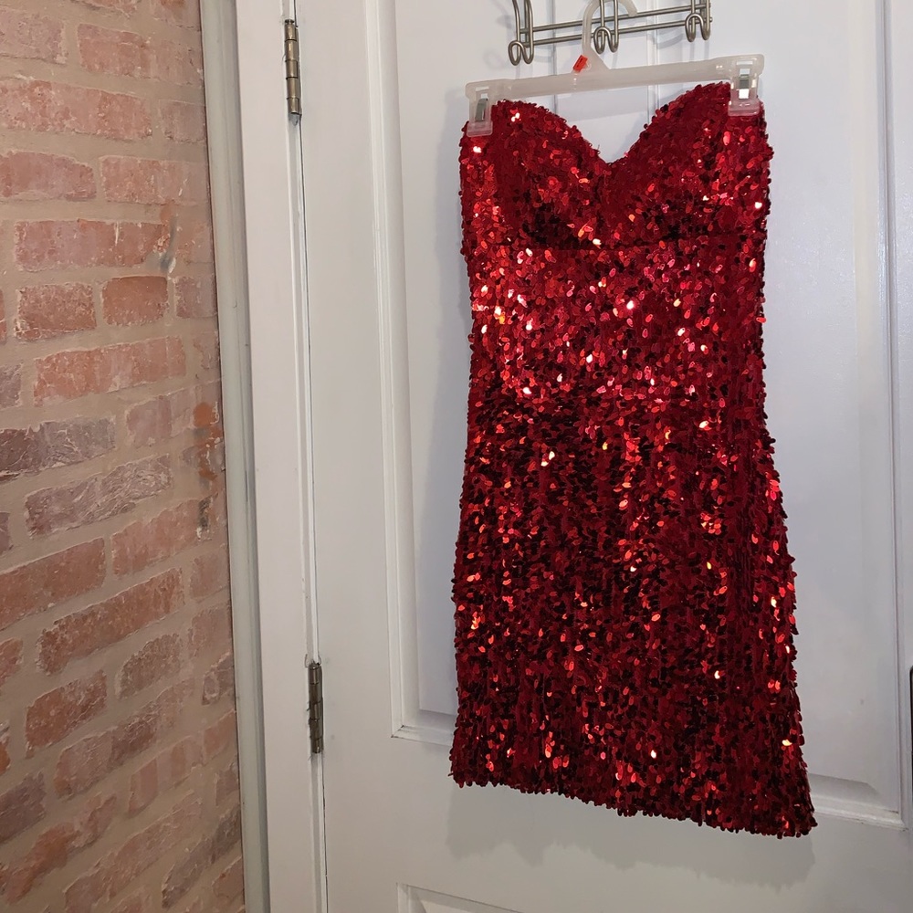 Atria™️ Red Sequenced Strapless Mini Dress